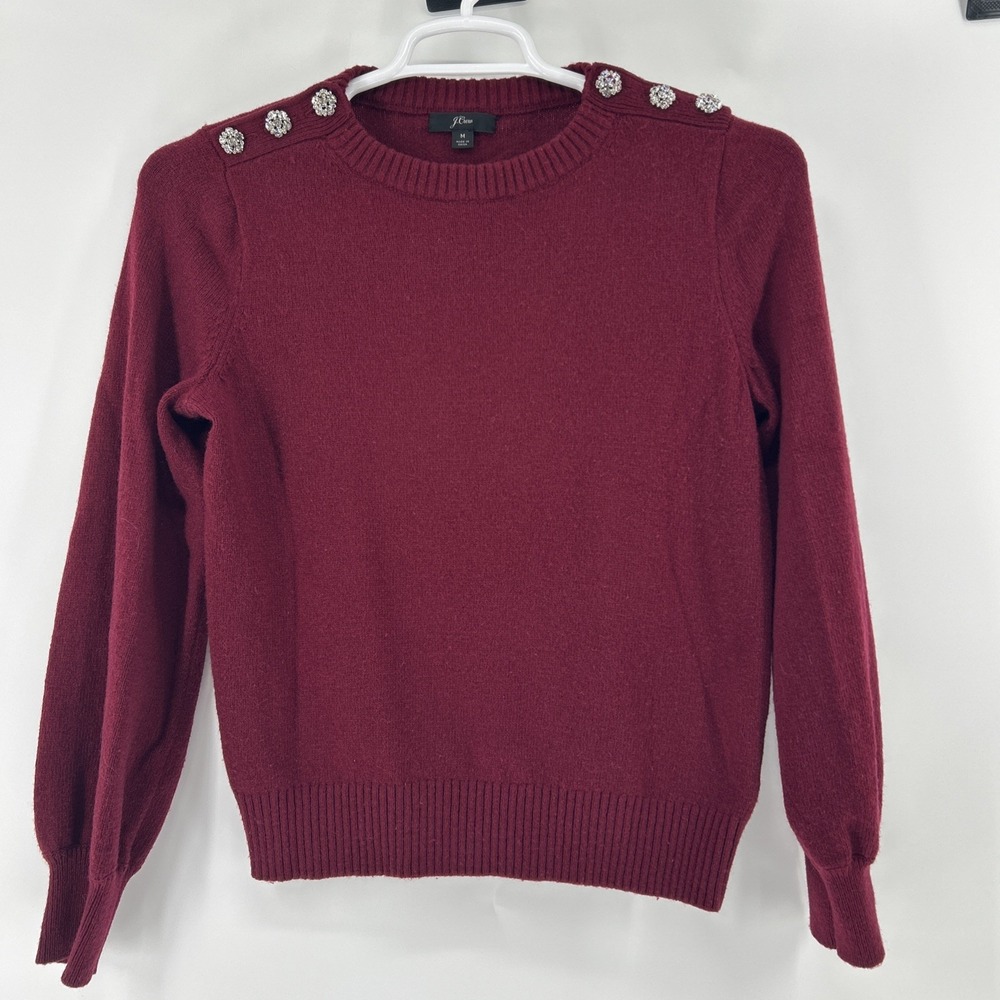 J Crew Sweater Women's Medium Red Lamb's Wool Rhinestones Preppy Academia Casual